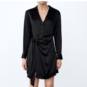 Zara Black Satin Button Down Front Tie Wrap Dress XS